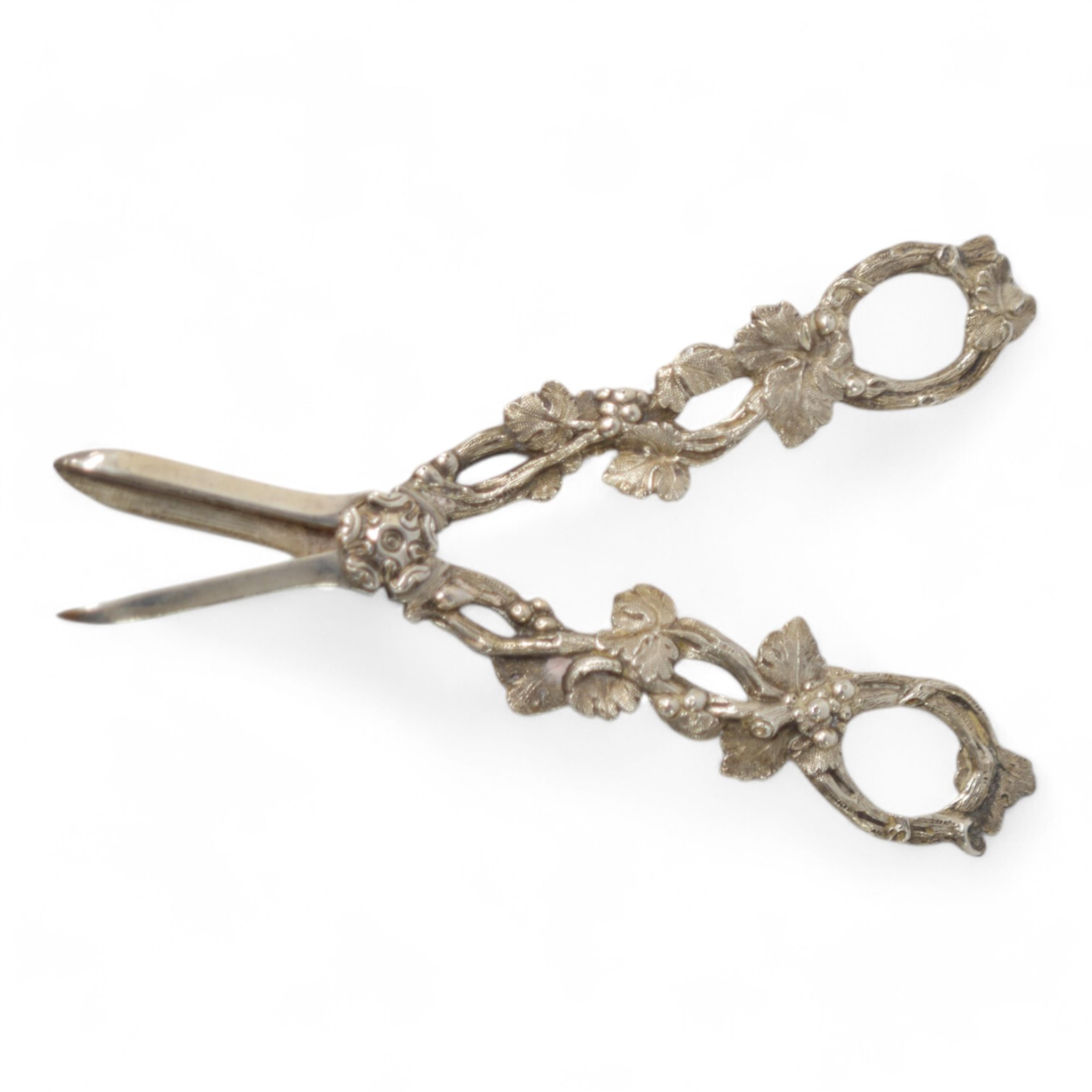 A pair of Victorian silver grape shears with fruiting vine handles, Martin, Hall & Co, Sheffield, 1884, 17.1cm. Condition - good